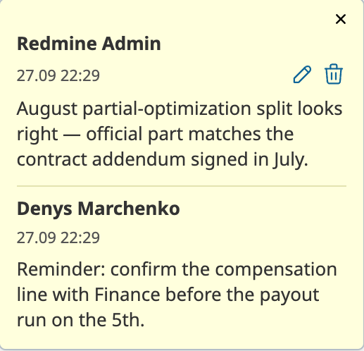 Payroll: comments on a person's pay