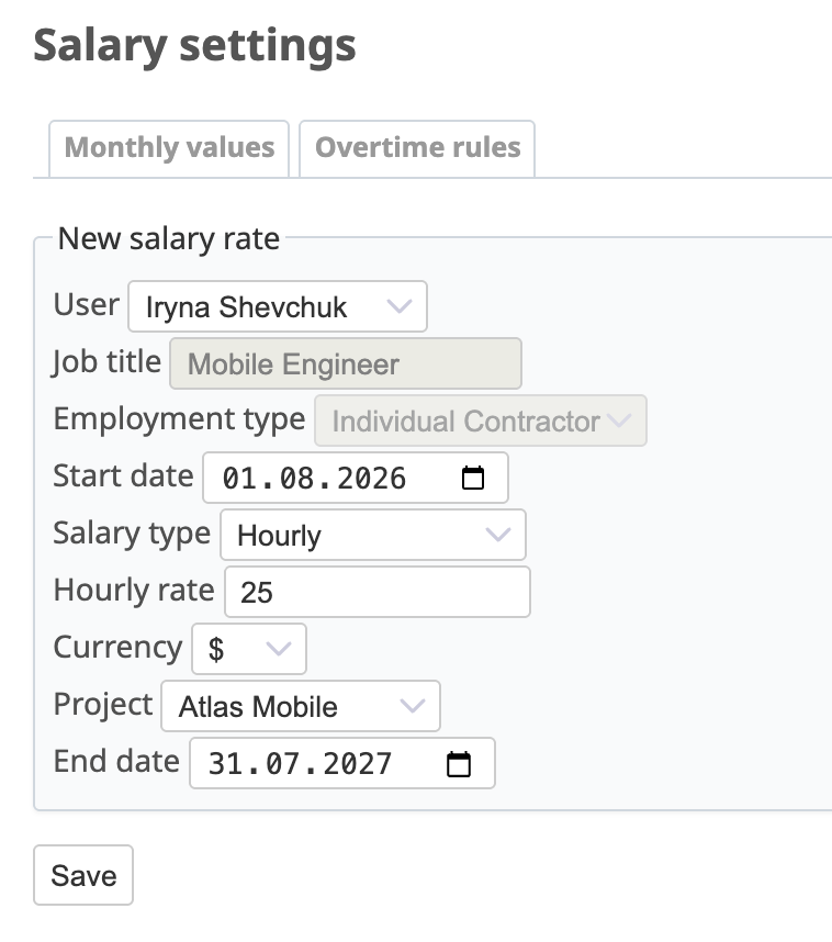 Payroll: an hourly rate for a contractor on a project